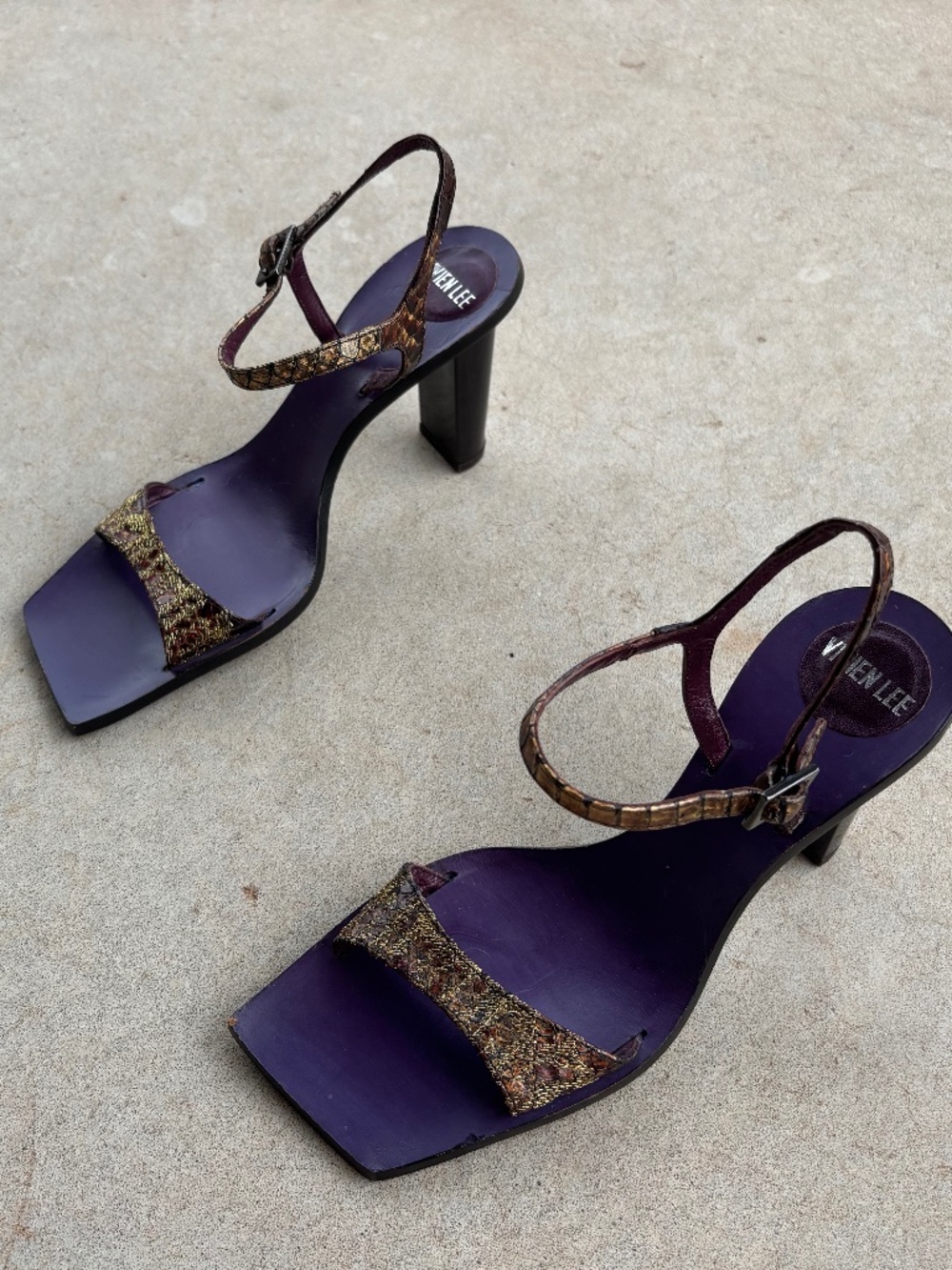 VIVIEN LEE Metallic Snakeskin Leather Open Toe Heeled Mule Sandal 37 VICINI